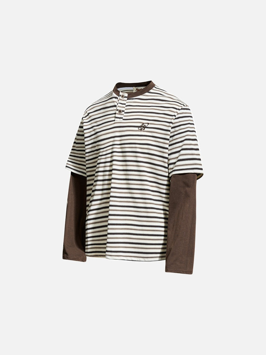 Layered Striped Henley with Graphic Detail T-Shirt