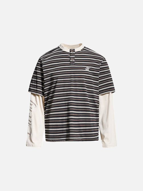 Layered Striped Henley with Graphic Detail T-Shirt - Black / M
