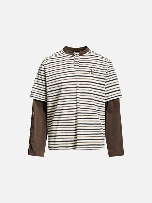 Camiseta Henley a rayas de efecto a capas con detalle gráfico - Beige / M