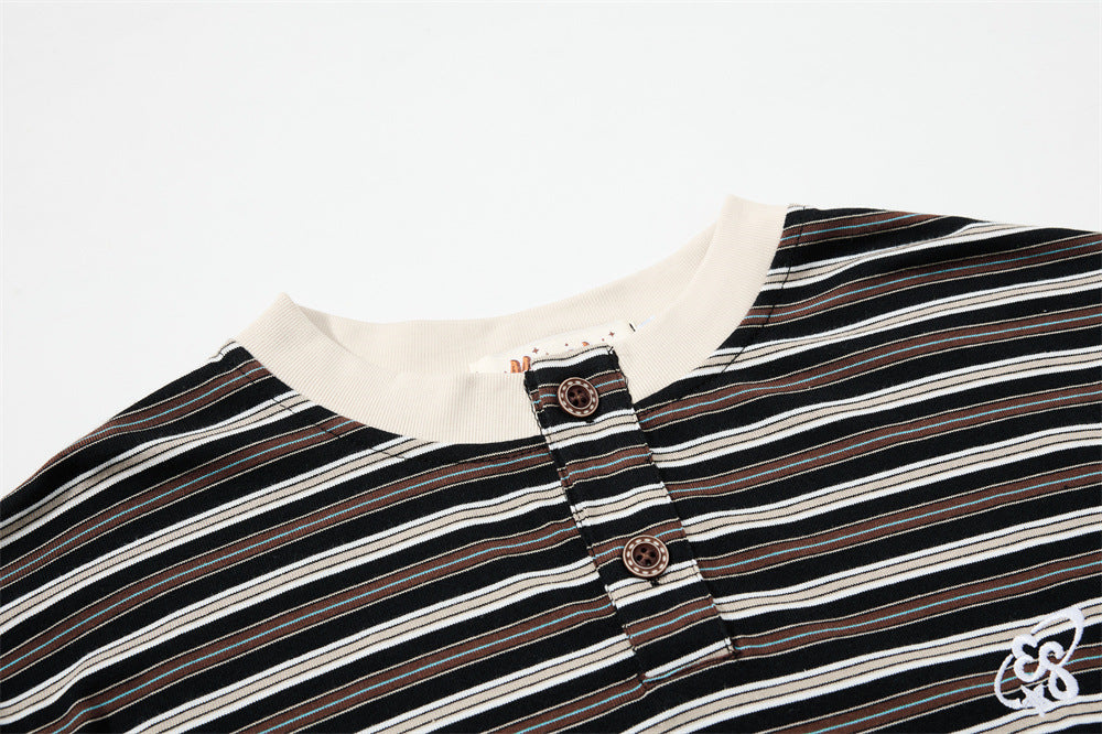Layered Striped Henley with Graphic Detail T-Shirt