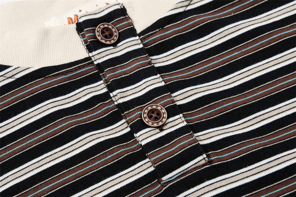 Layered Striped Henley with Graphic Detail T-Shirt