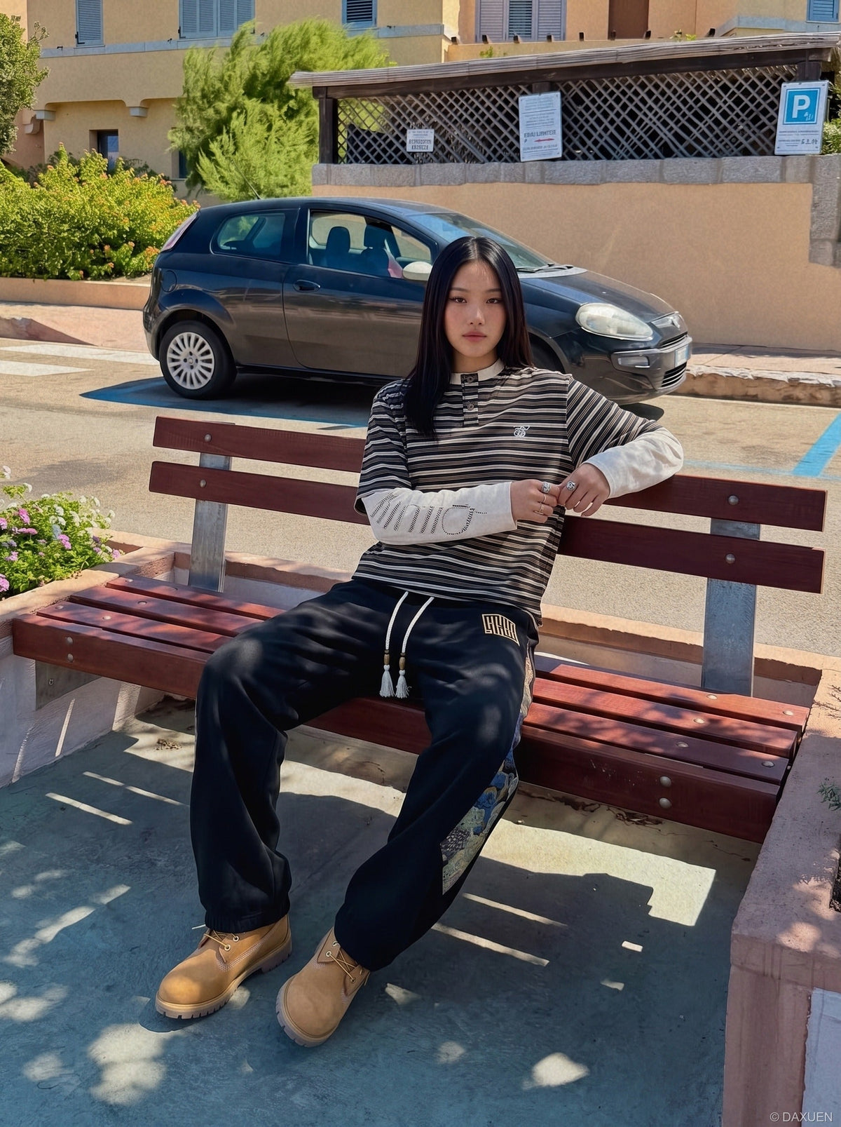 Layered Striped Henley with Graphic Detail T-Shirt
