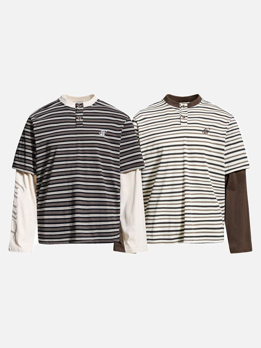 Layered Striped Henley with Graphic Detail T-Shirt