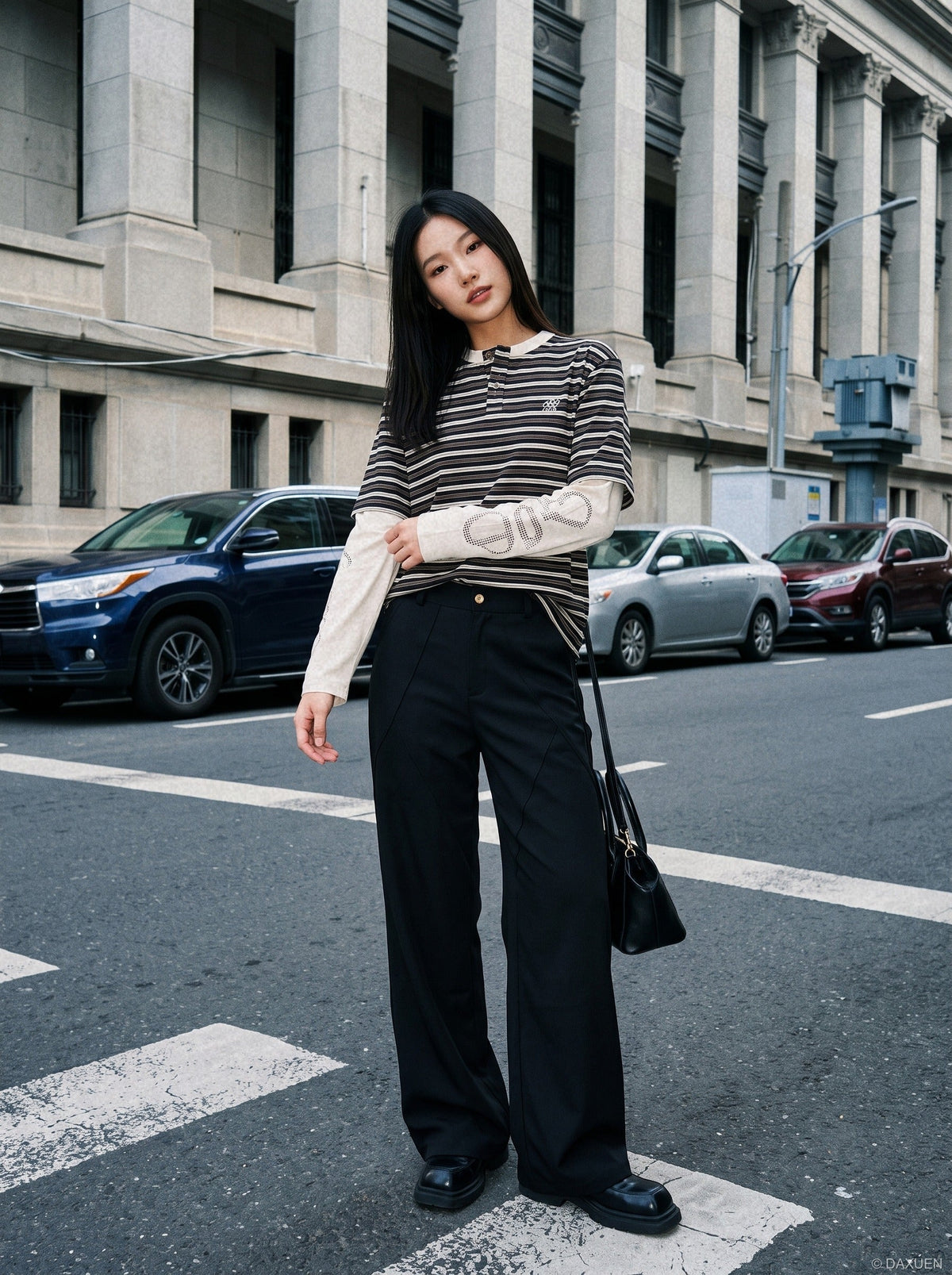 Layered Striped Henley with Graphic Detail T-Shirt