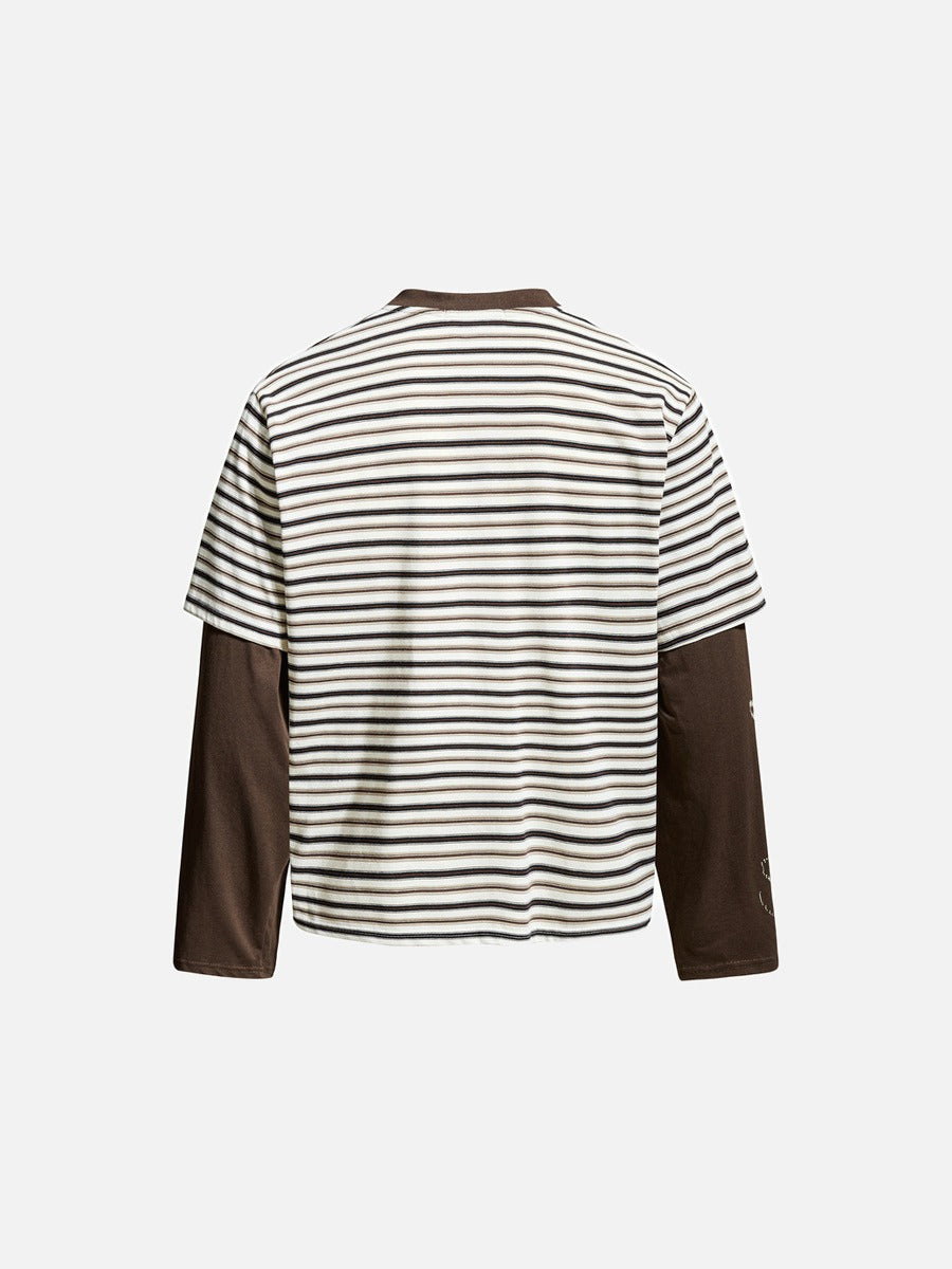Layered Striped Henley with Graphic Detail T-Shirt