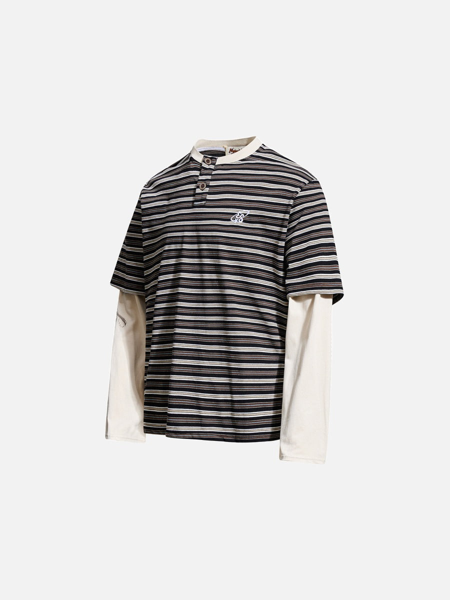 Layered Striped Henley with Graphic Detail T-Shirt