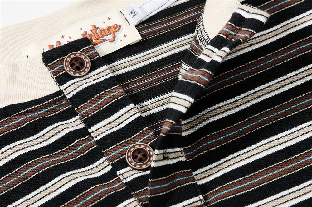 Layered Striped Henley with Graphic Detail T-Shirt