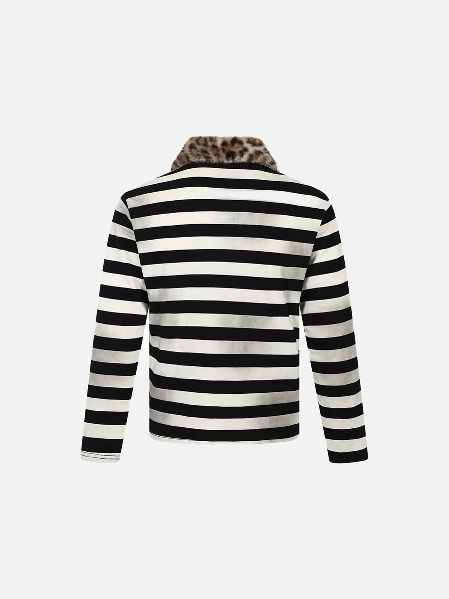 Leopard Print Collar Long-Sleeve Polo Shirt