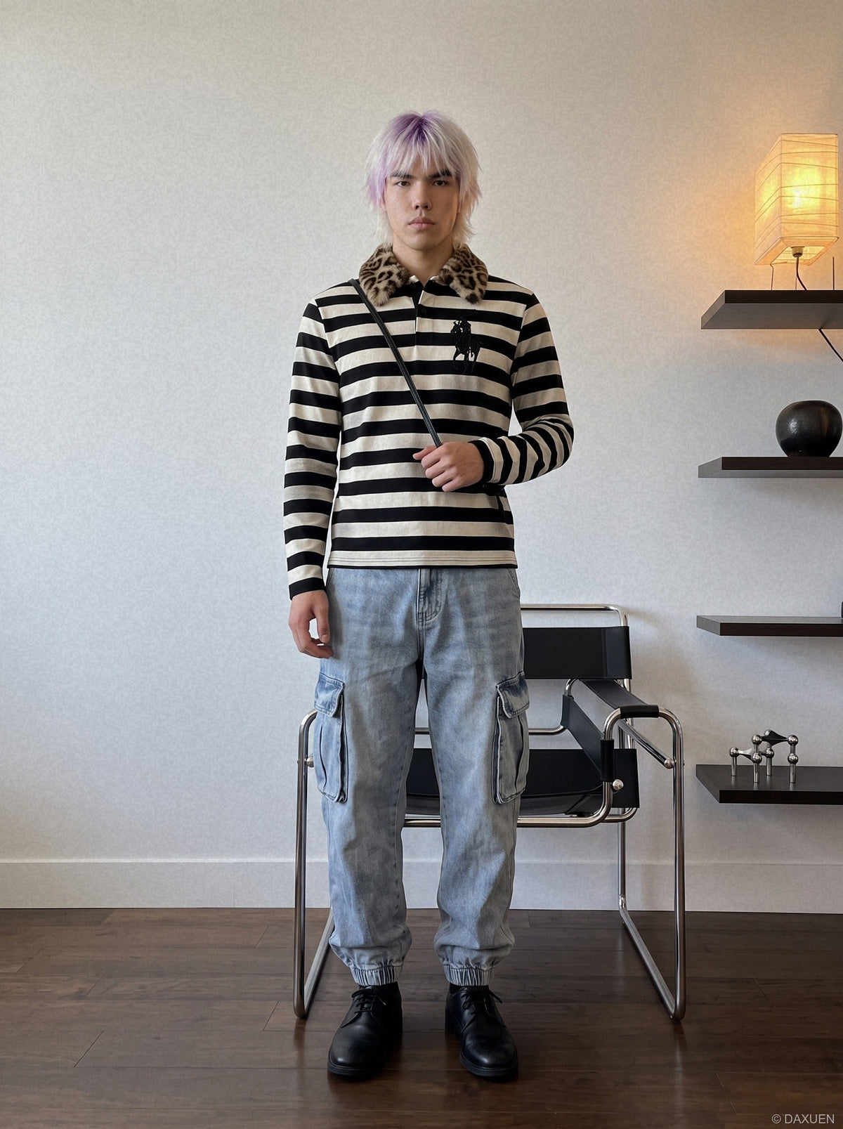 Leopard Print Collar Long-Sleeve Polo Shirt