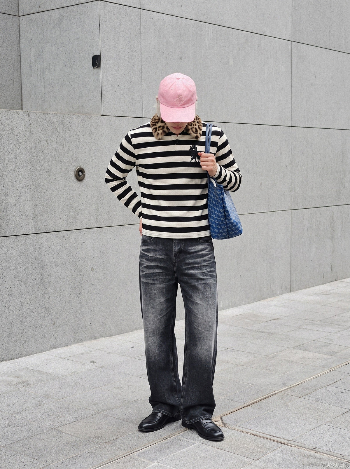 Leopard Print Collar Long-Sleeve Polo Shirt