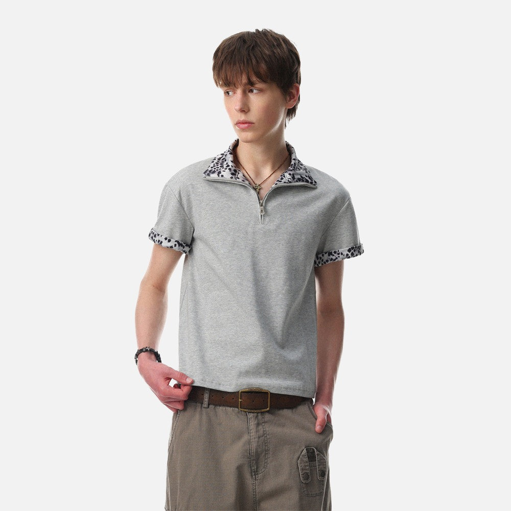 Leopard Print Half-Zip Polo Shirt