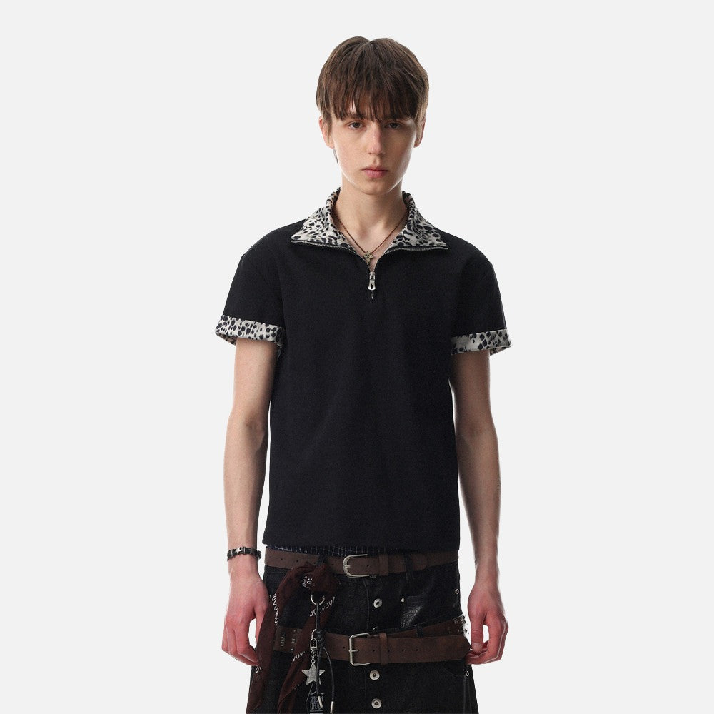 Leopard Print Half-Zip Polo Shirt