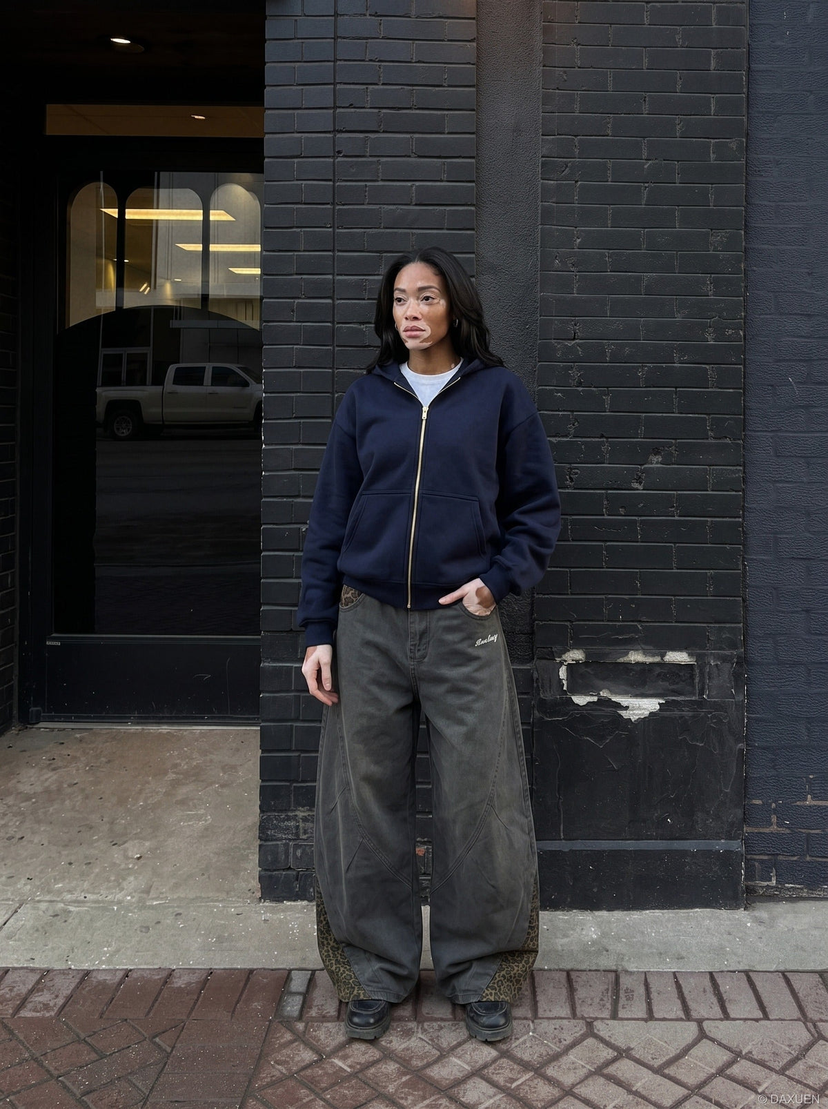 DAXUEN dark grey leopard print wide-leg balloon pants — model photo