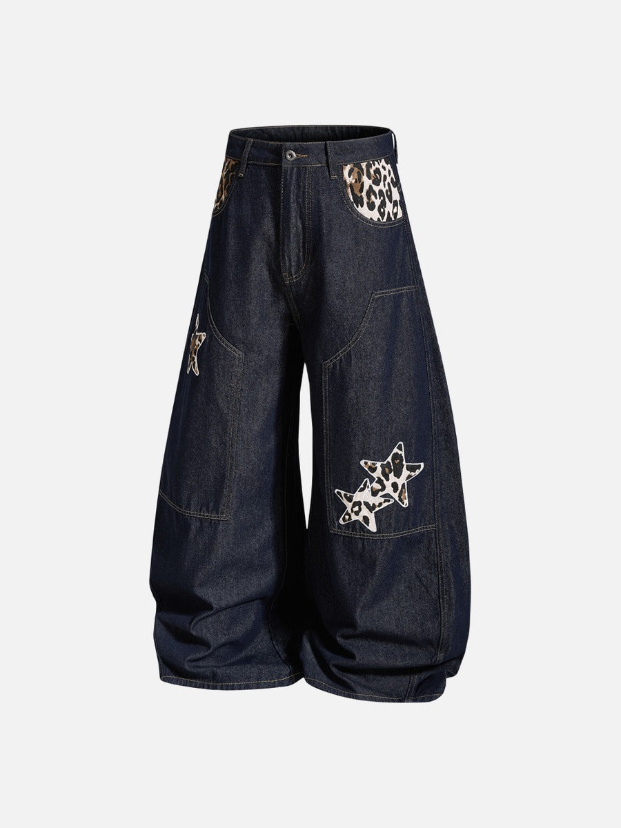 Leopard Star Patch Baggy Jeans