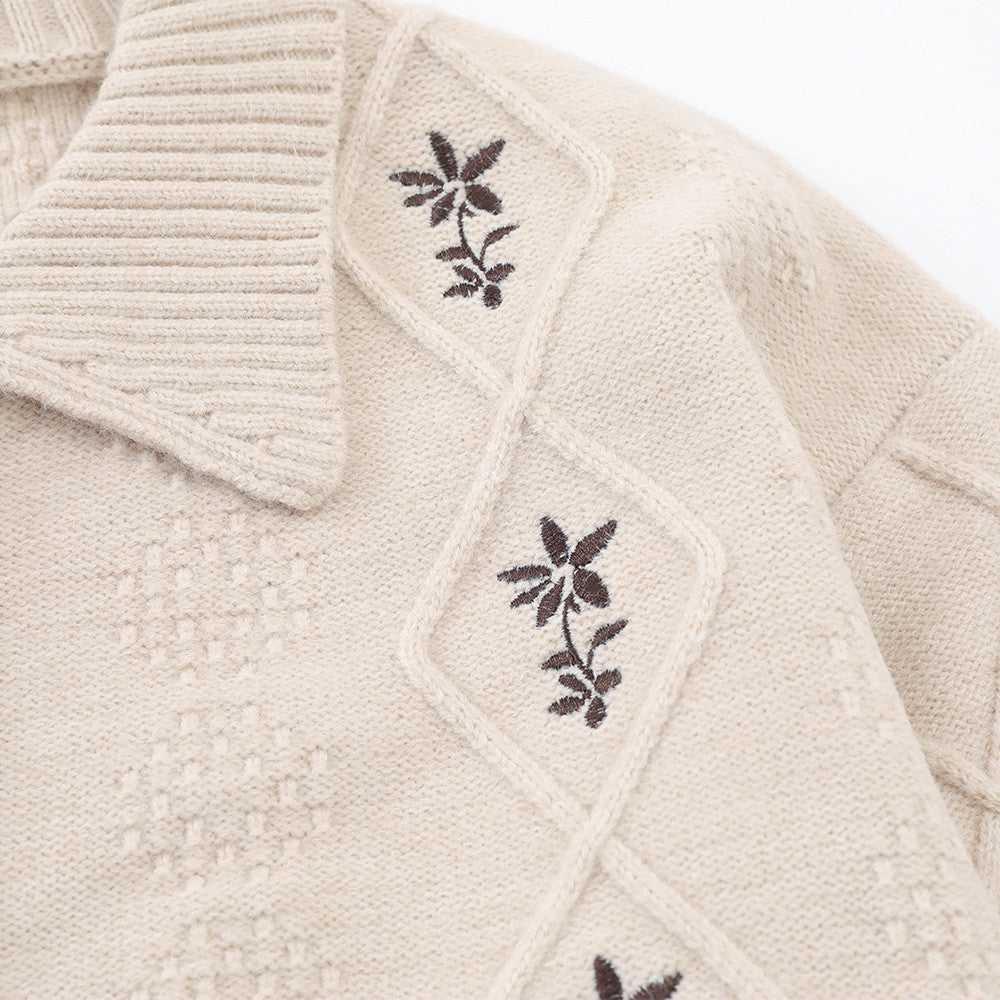 Light Beige Diamond Knit Cardigan with Floral Embroidery