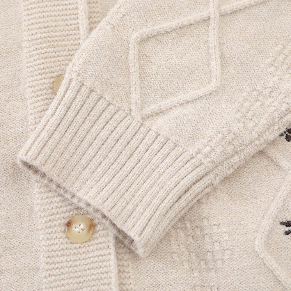 Light Beige Diamond Knit Cardigan with Floral Embroidery