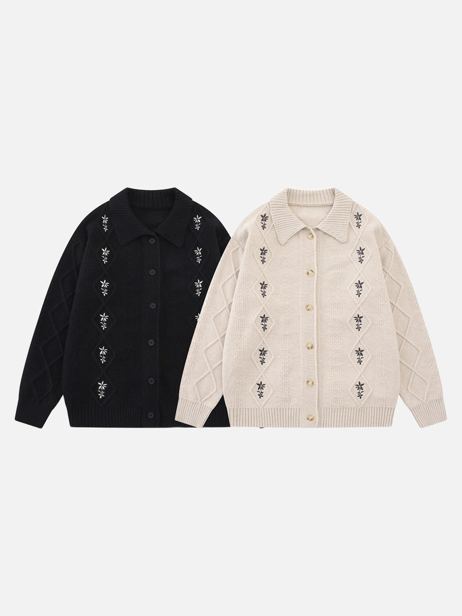 Light Beige Diamond Knit Cardigan with Floral Embroidery