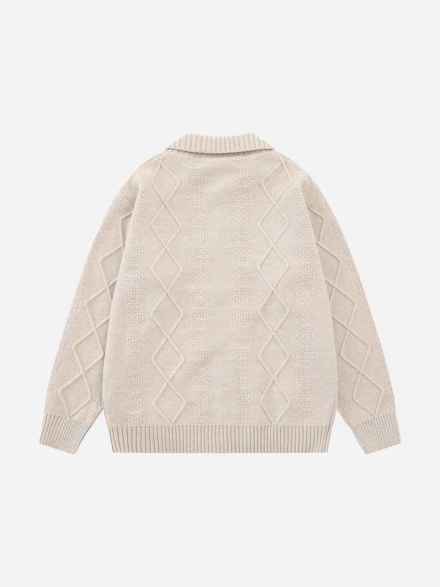 Light Beige Diamond Knit Cardigan with Floral Embroidery