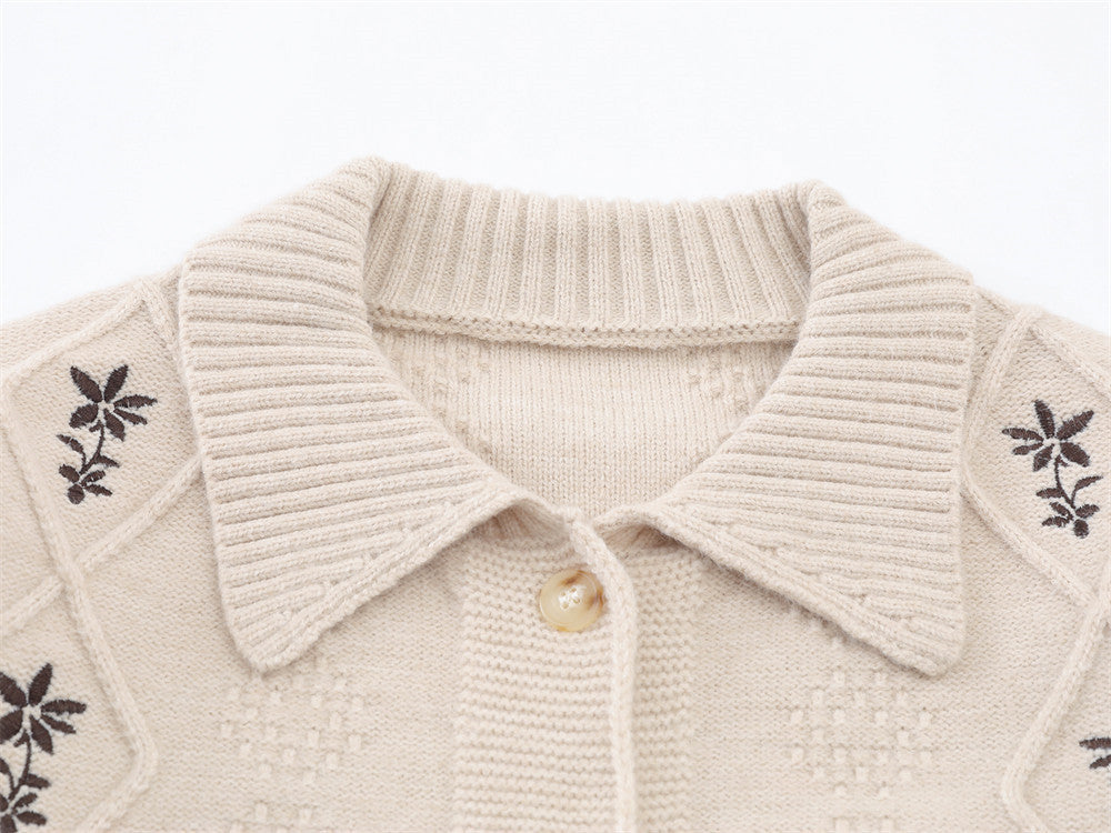 Light Beige Diamond Knit Cardigan with Floral Embroidery
