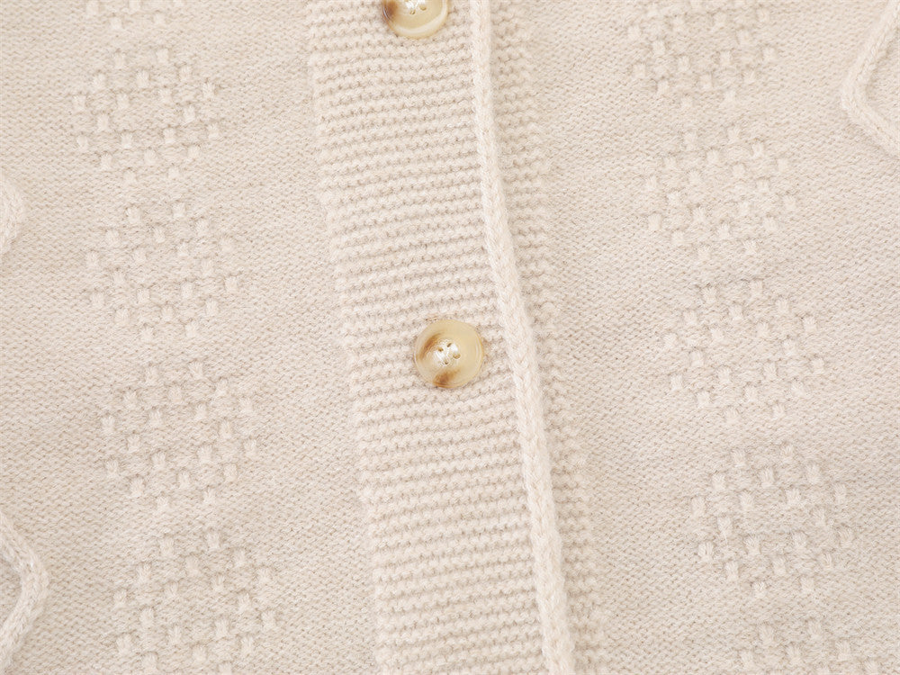 Light Beige Diamond Knit Cardigan with Floral Embroidery
