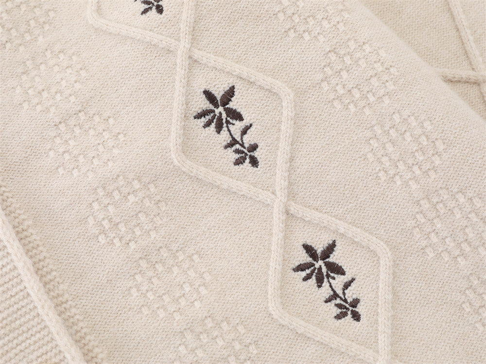 Light Beige Diamond Knit Cardigan with Floral Embroidery