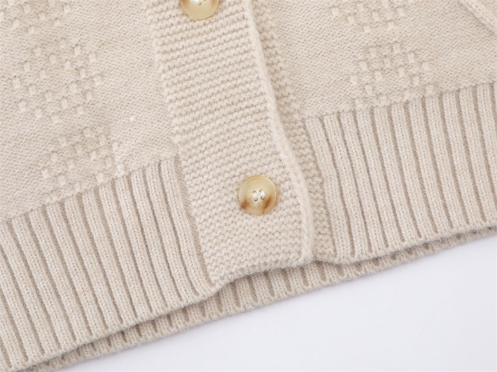 Light Beige Diamond Knit Cardigan with Floral Embroidery