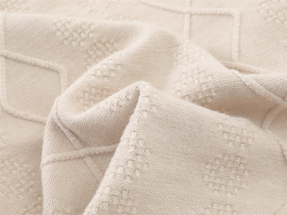 Light Beige Diamond Knit Cardigan with Floral Embroidery