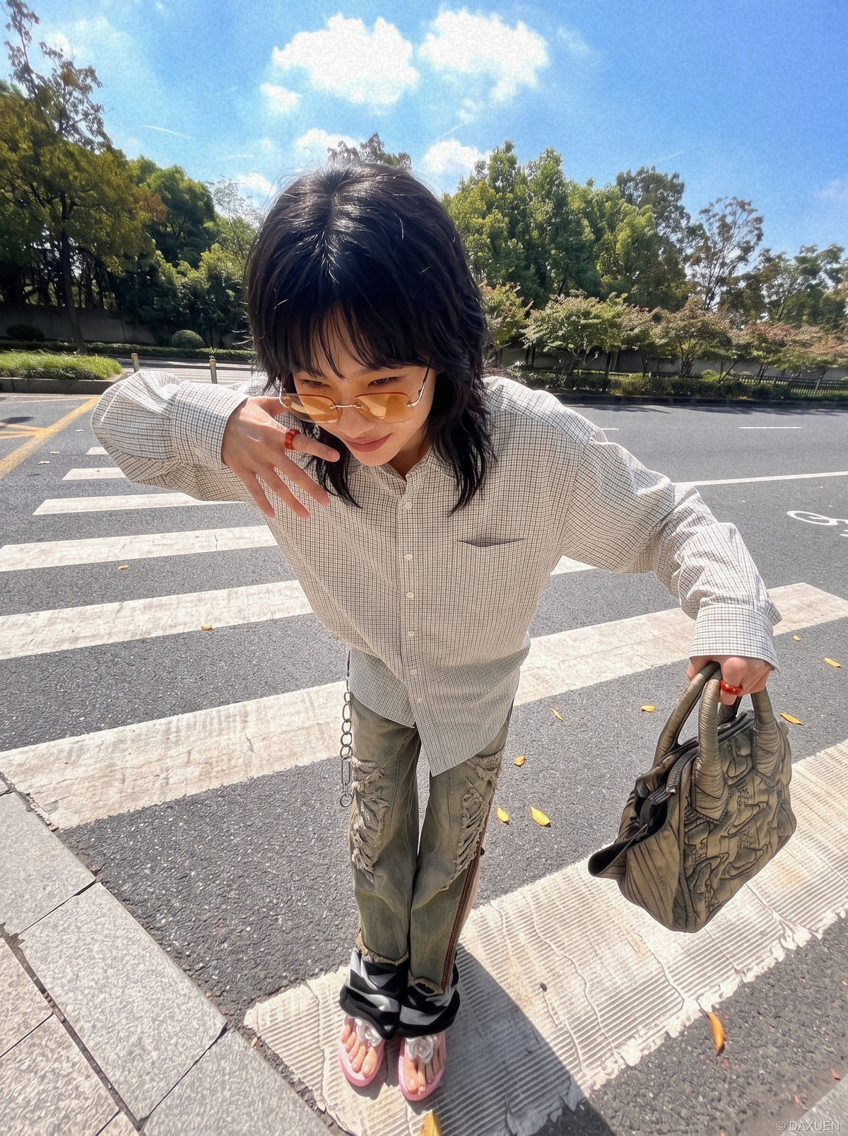 Light Beige Oversized Grid Shirt