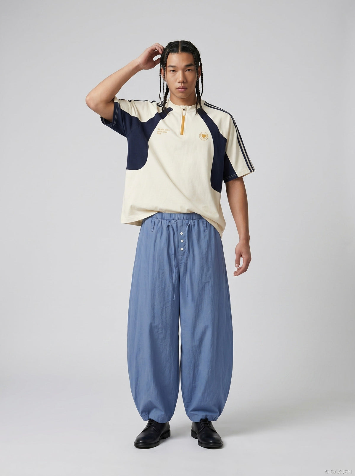 DAXUEN light blue balloon pants with button placket — model photo