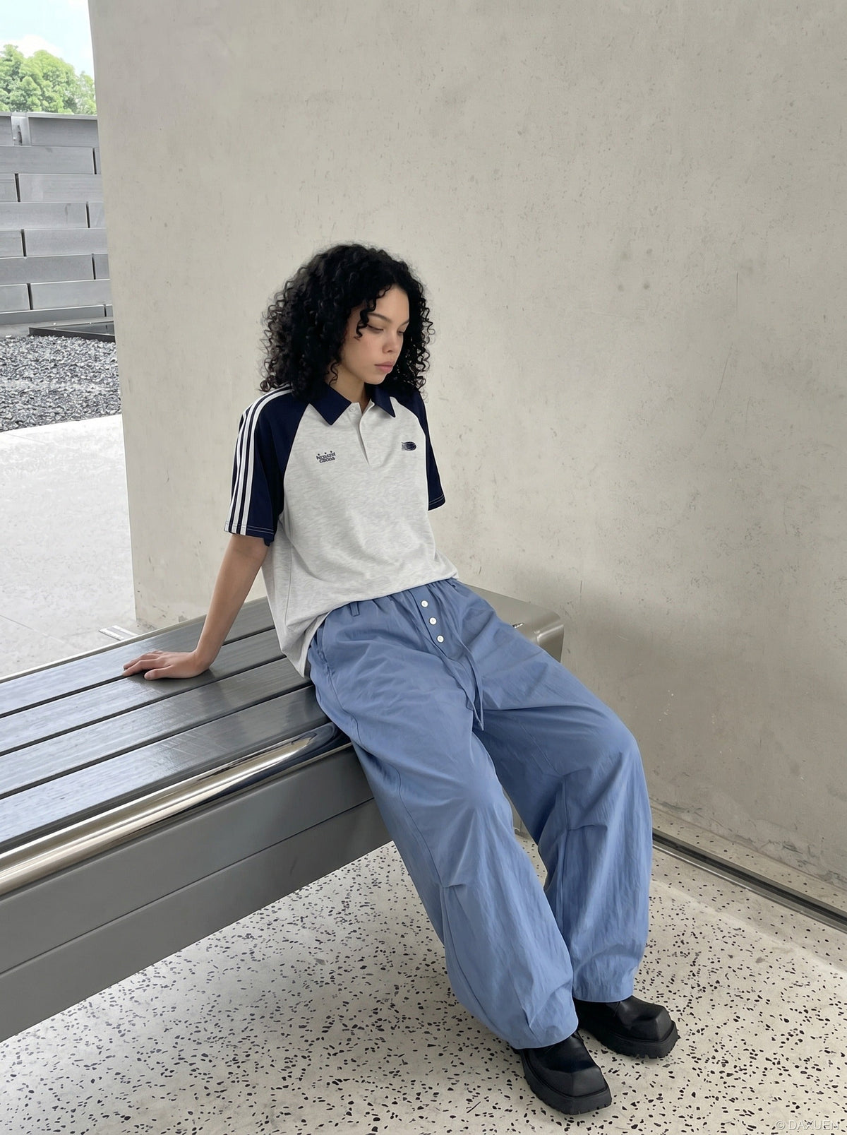 DAXUEN light blue balloon pants with button placket — model photo