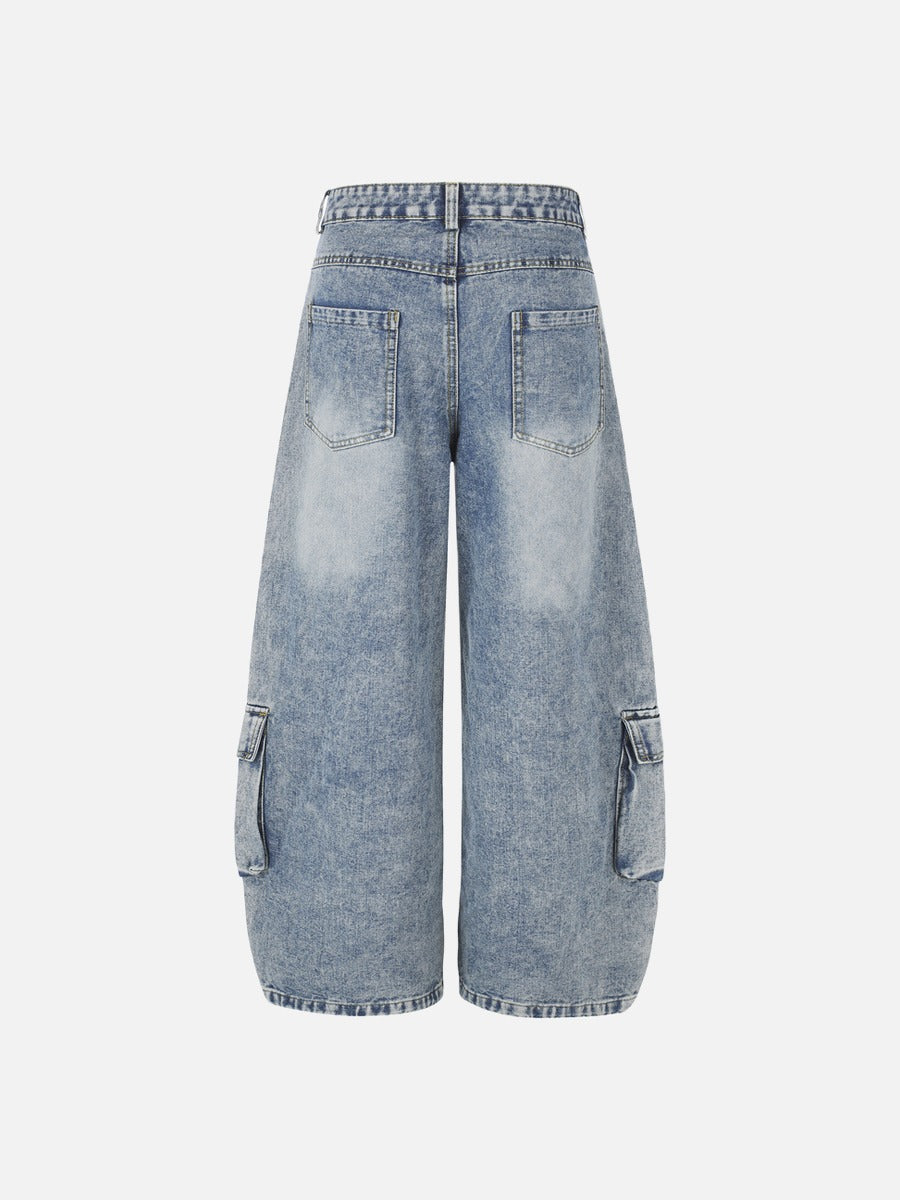 Light Blue Distressed Wide-Leg Cargo Jeans