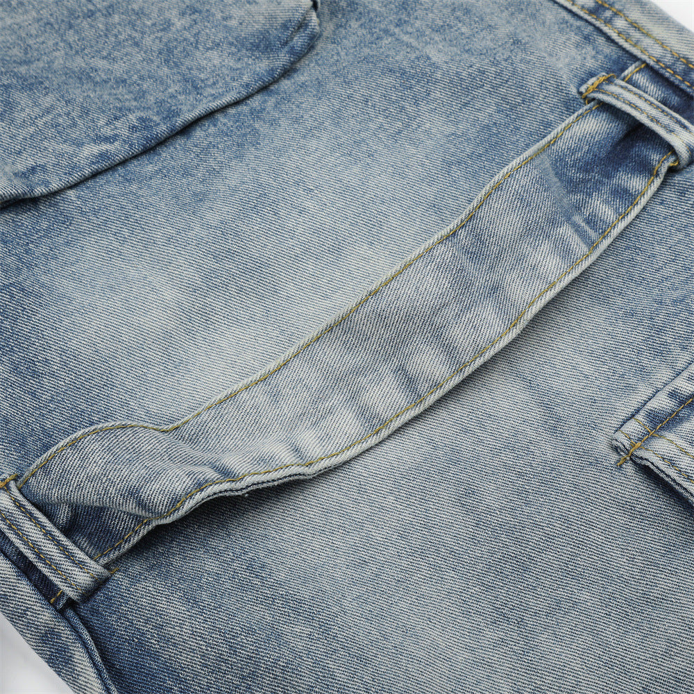 Light Blue Distressed Wide-Leg Cargo Jeans