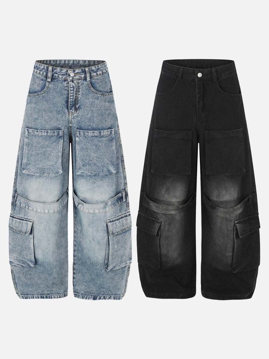 Light Blue Distressed Wide-Leg Cargo Jeans
