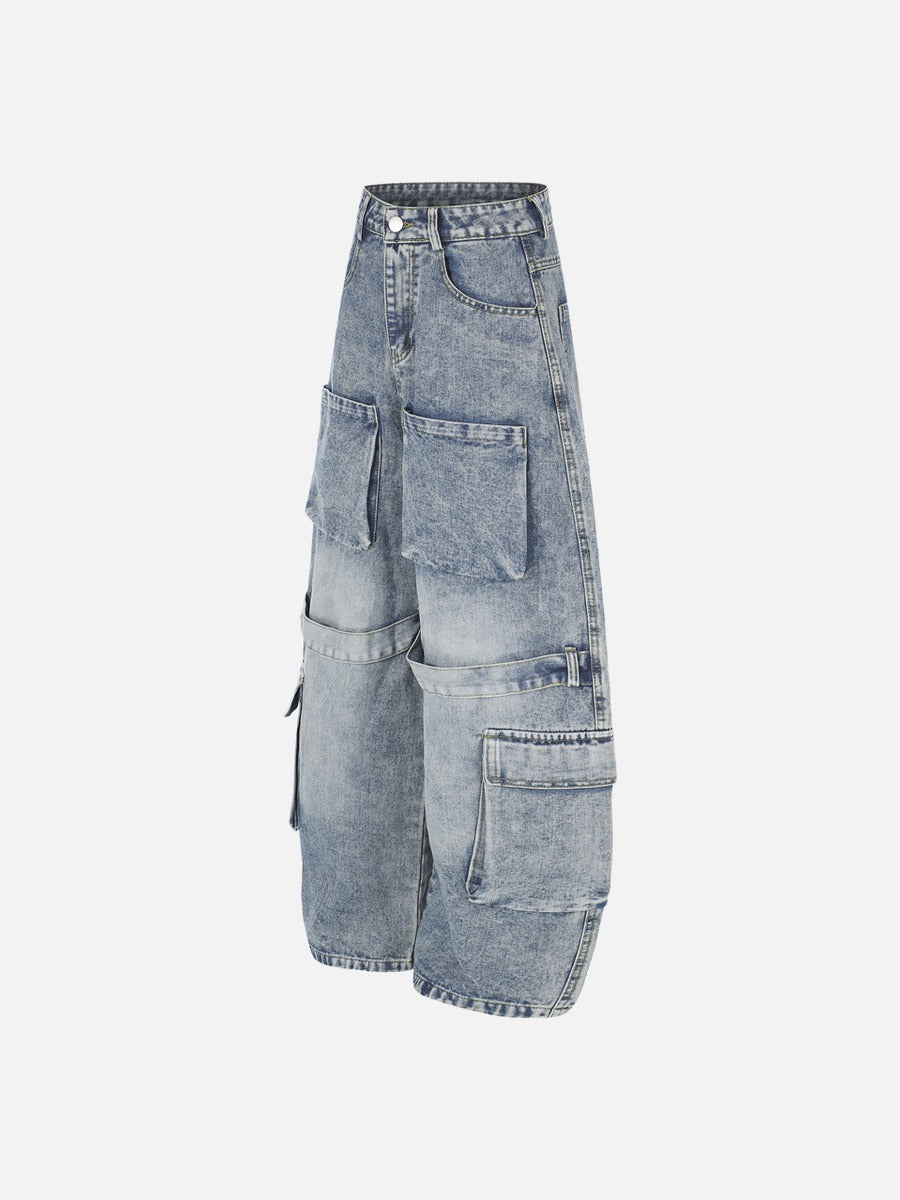 Light Blue Distressed Wide-Leg Cargo Jeans