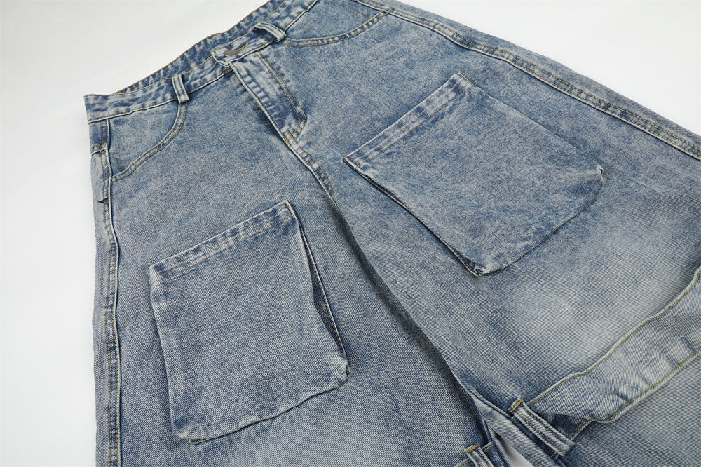 Light Blue Distressed Wide-Leg Cargo Jeans
