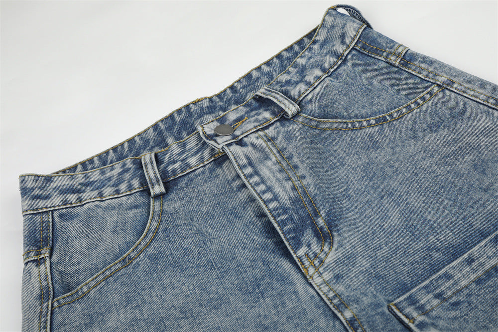 Light Blue Distressed Wide-Leg Cargo Jeans