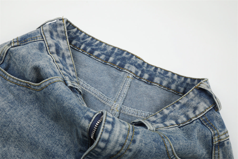 Light Blue Distressed Wide-Leg Cargo Jeans