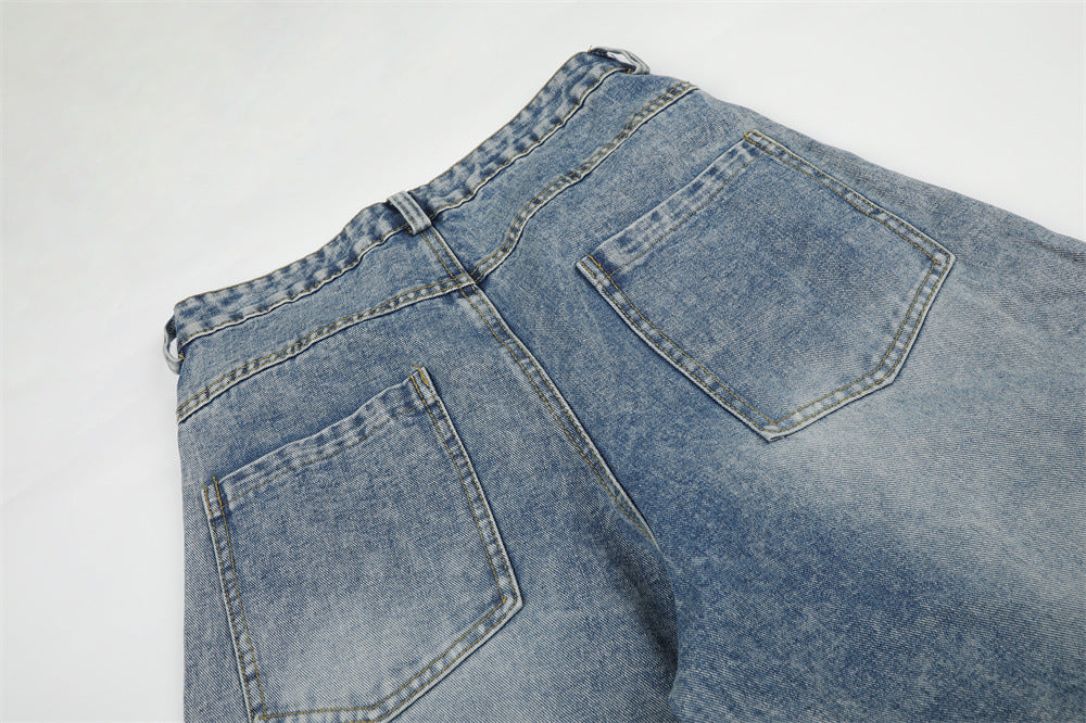 Light Blue Distressed Wide-Leg Cargo Jeans