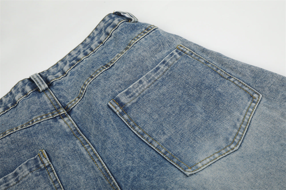 Light Blue Distressed Wide-Leg Cargo Jeans