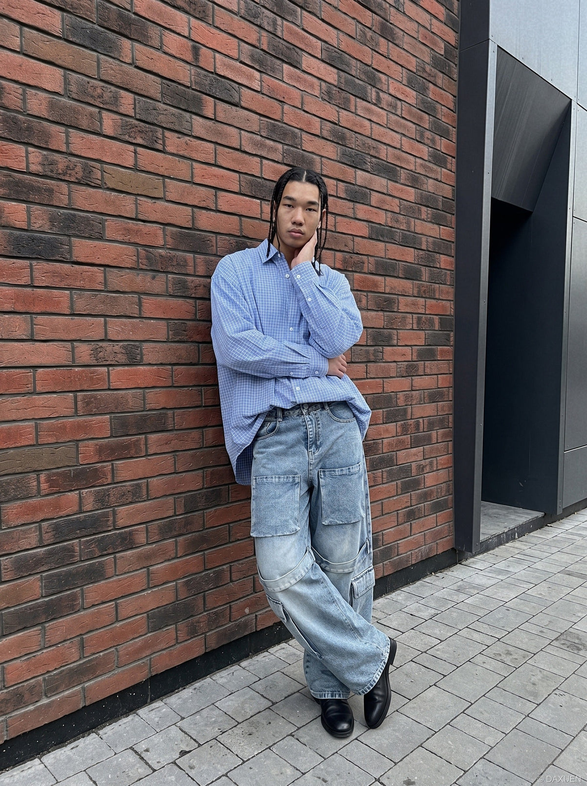 Light Blue Distressed Wide-Leg Cargo Jeans