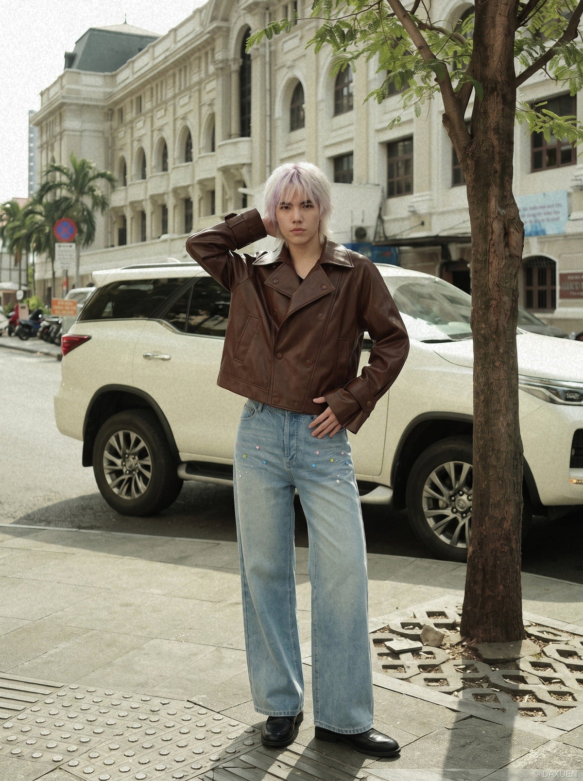 DAXUEN light blue star-embellished wide-leg jeans — model photo