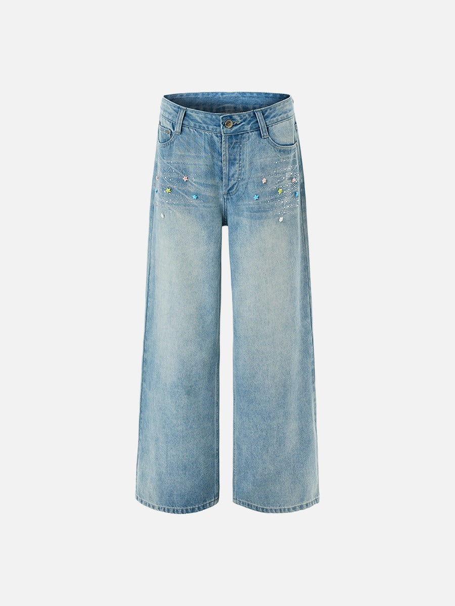 Light Blue Star-Embellished Wide-Leg Jeans
