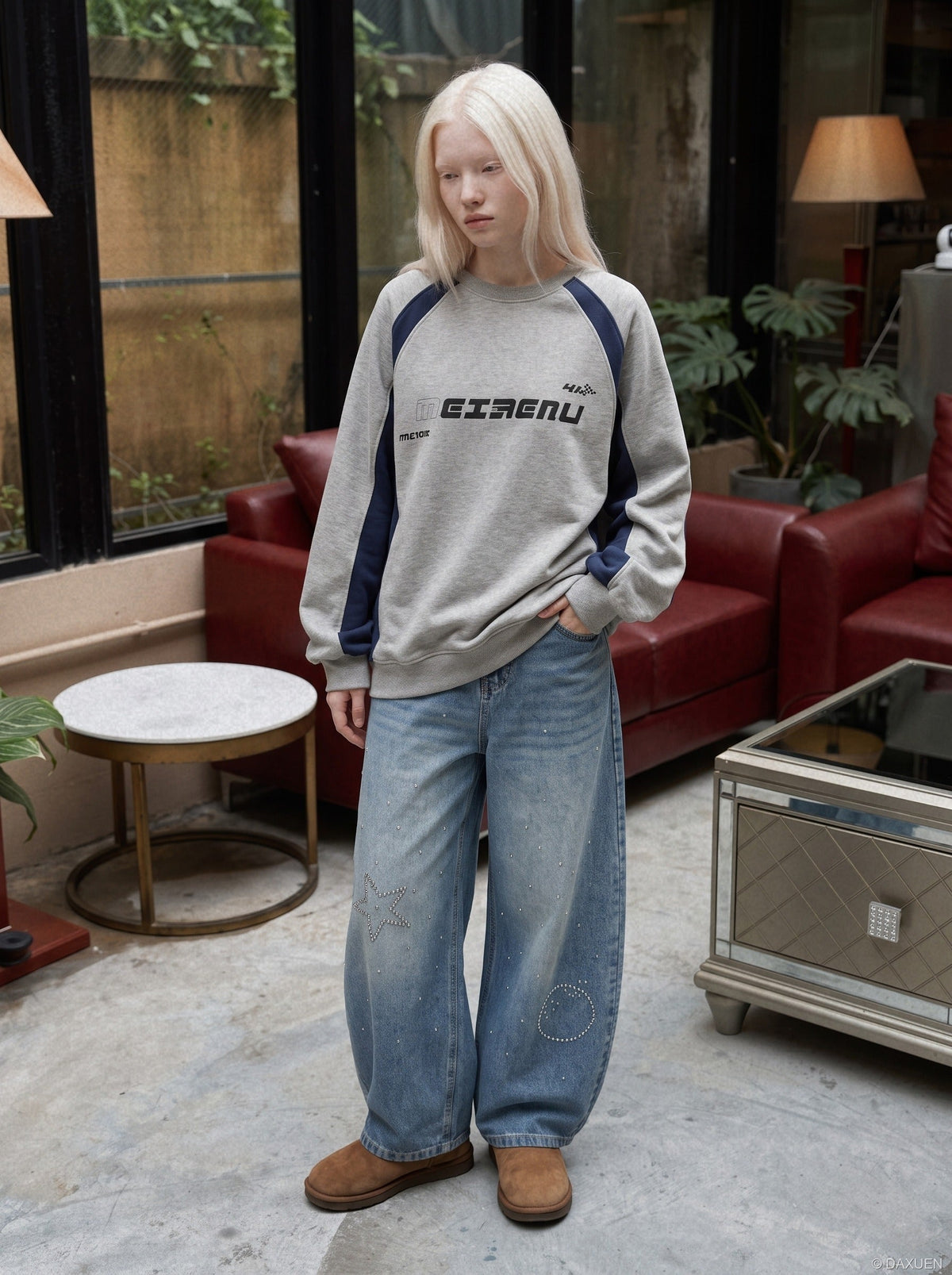 DAXUEN light blue wide-leg jeans with studded star graphic — model photo