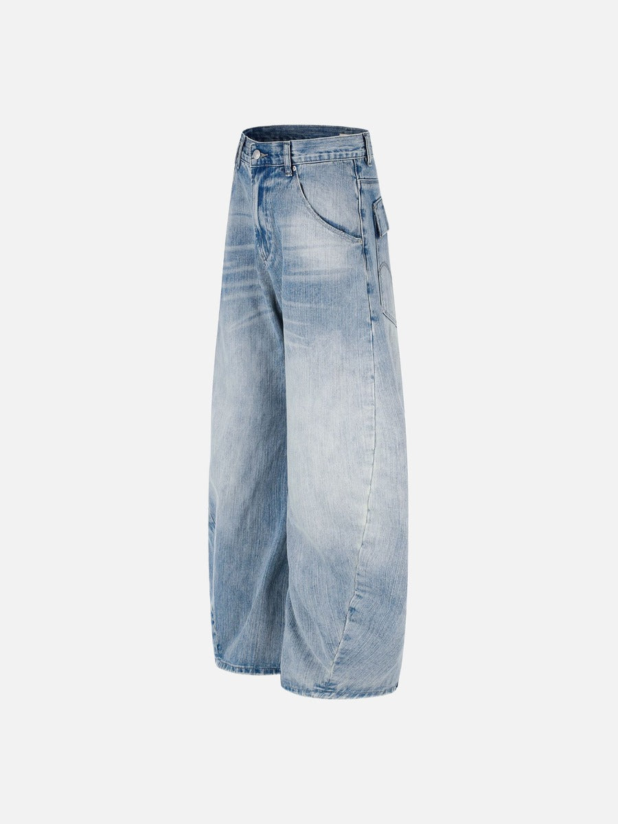 Light Blue Wide-Leg Denim Jeans with Heart Stitching