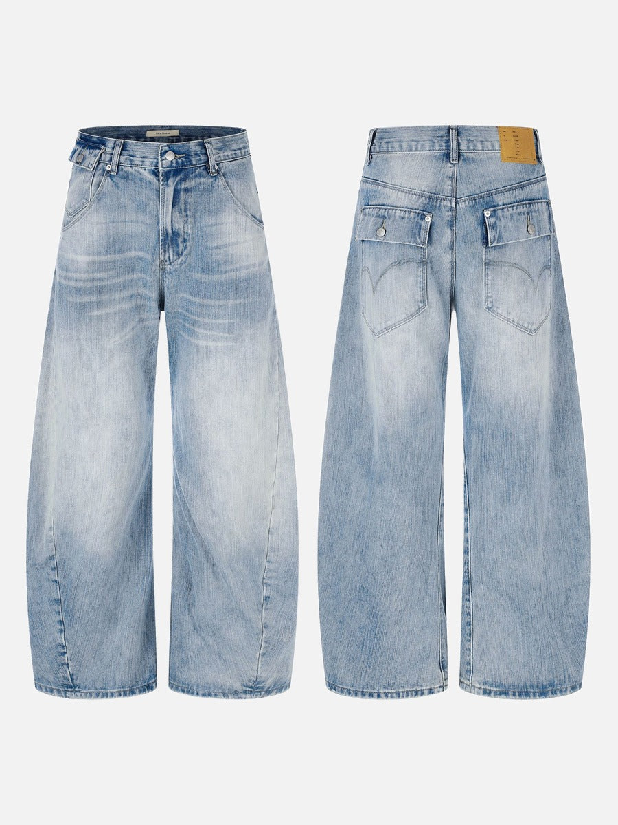 Light Blue Wide-Leg Denim Jeans with Heart Stitching
