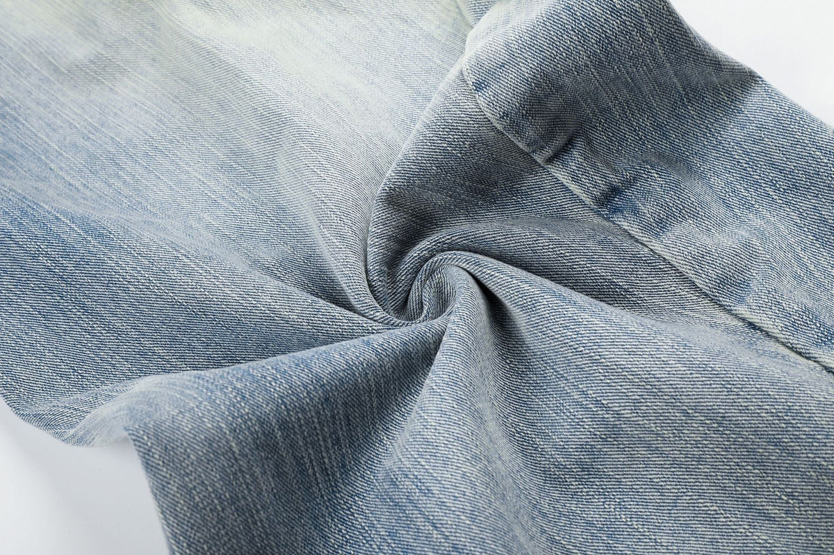 Light Blue Wide-Leg Denim Jeans with Heart Stitching