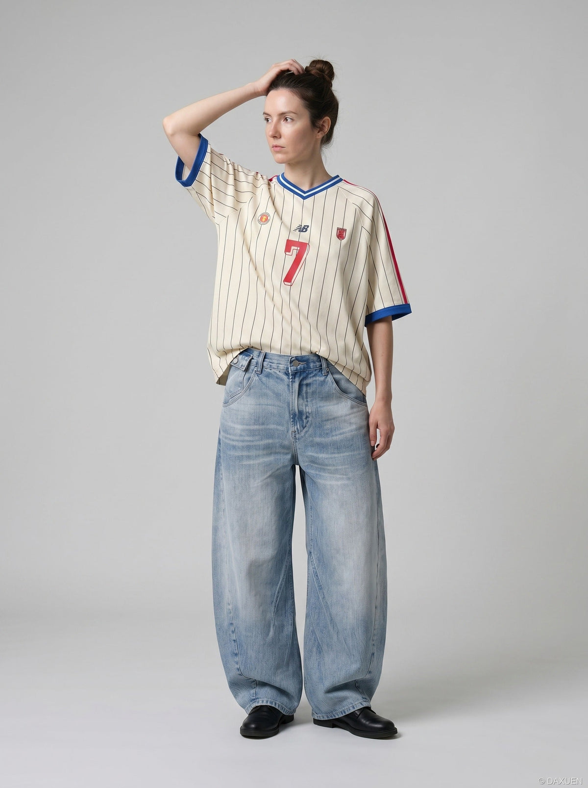 Light Blue Wide-Leg Denim Jeans with Heart Stitching