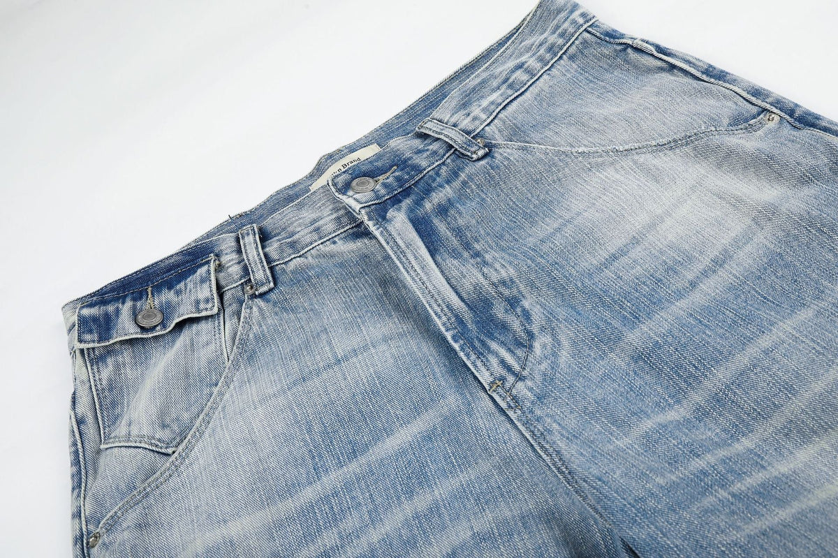 Light Blue Wide-Leg Denim Jeans with Heart Stitching