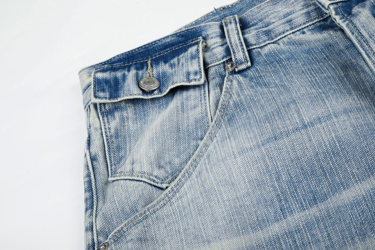 Light Blue Wide-Leg Denim Jeans with Heart Stitching