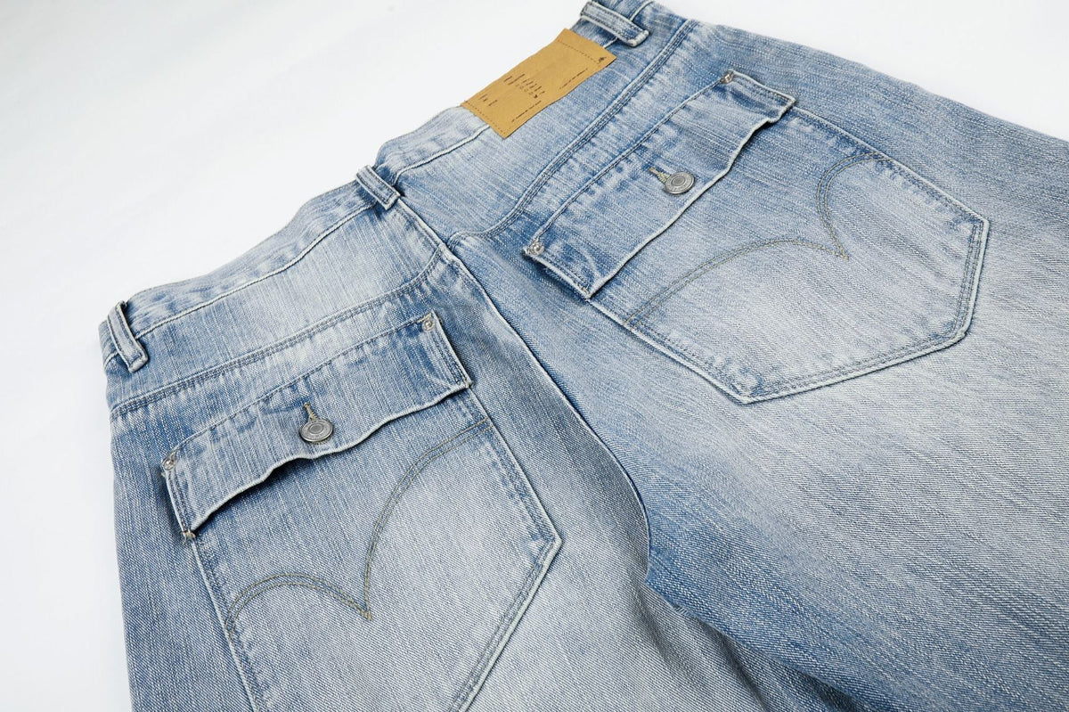Light Blue Wide-Leg Denim Jeans with Heart Stitching